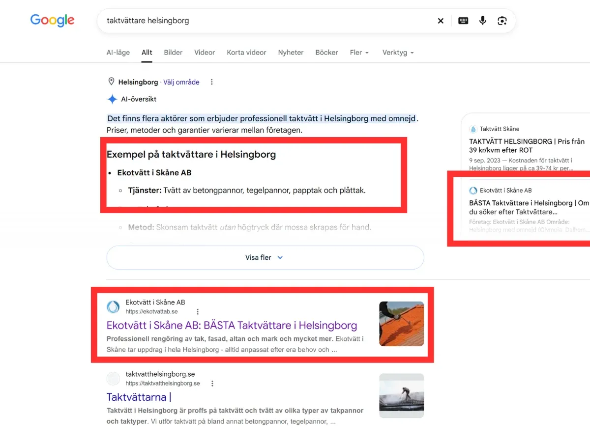 "taktvättare helsingborg" | Googles AI tipsar om Ekotvätt först