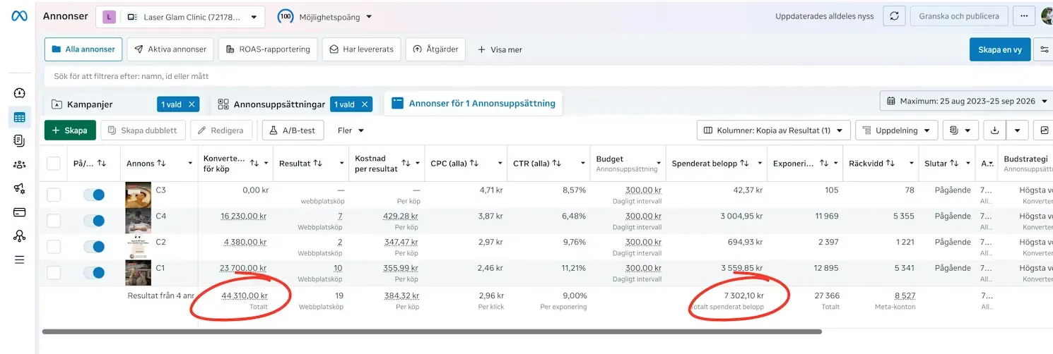 Resultat direkt från källan: Meta Ads-manager