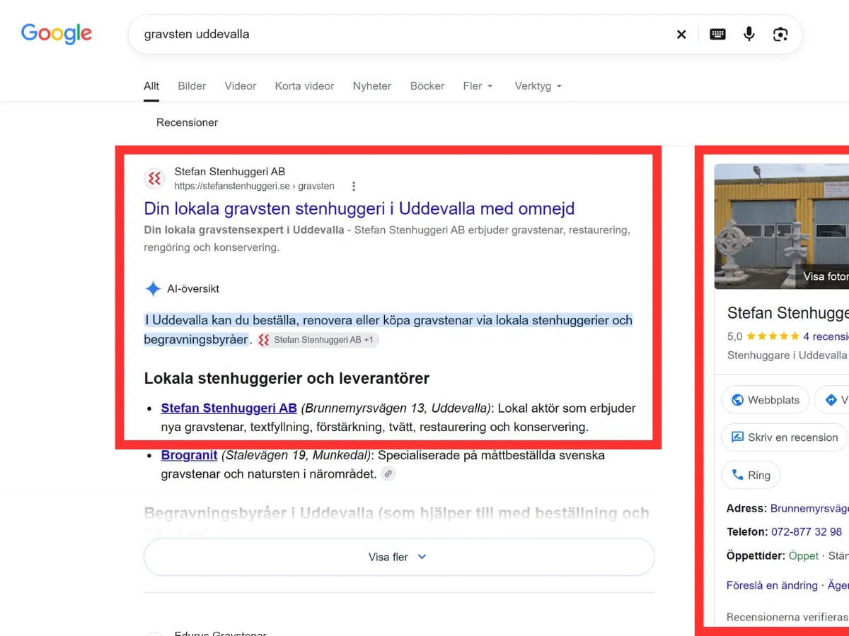 "gravsten uddevalla" | Google rekommenderar Stefan Stenhuggeri först